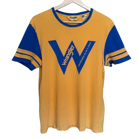 Wrangler Blue & Yellow Vintage Retro Inspired Baseball Ringer Tee Unisex Size M - Picture 4 of 7